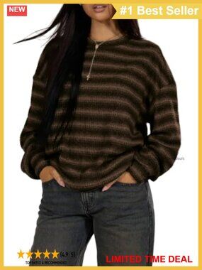 Waffle Knit Striped Pullover Sweater Loose Long Sleeve Crewneck Top